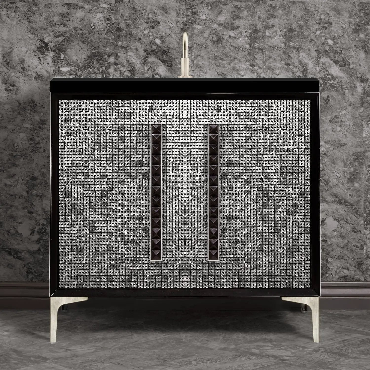 Linkasink Mother of Pearl with 18" Black Artisan Glass Pyramid Hardware Vanity by Linkasink