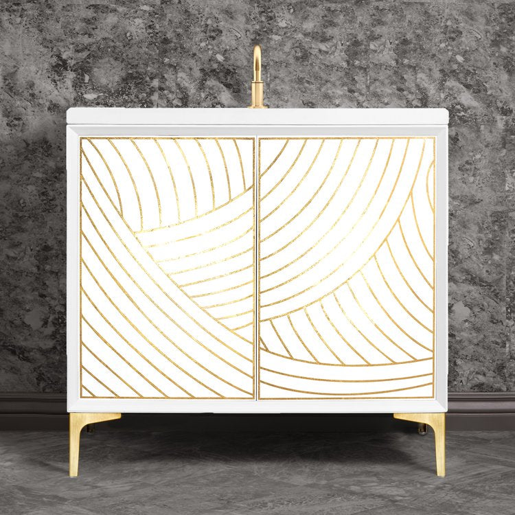 white with satin brass vanity