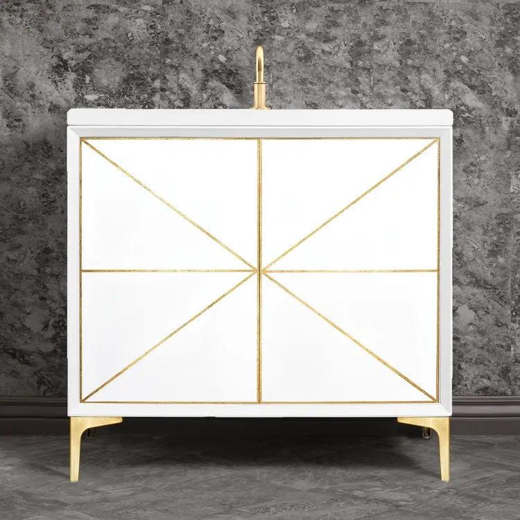white with satin brass vanity