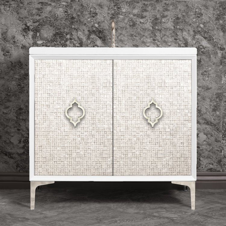 white with satin brass vanity