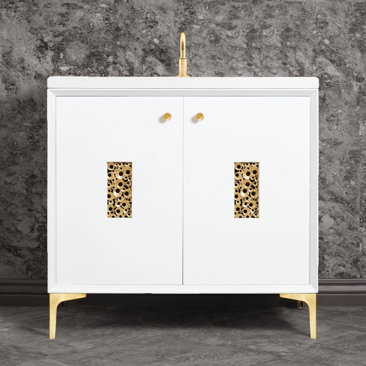 white with satin brass vanity