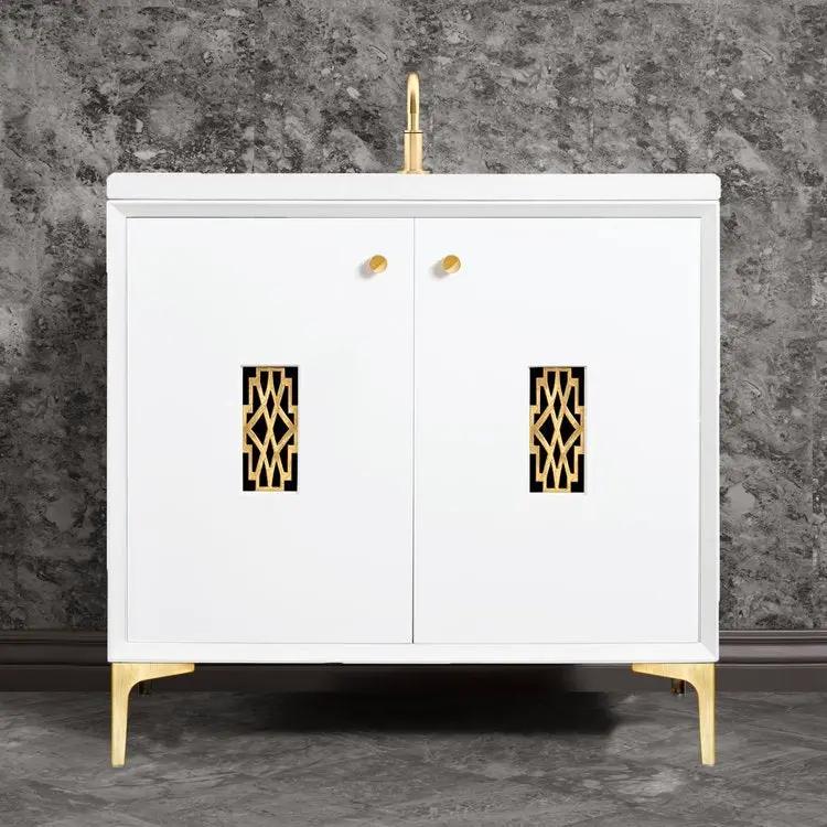 white with satin brass vanity