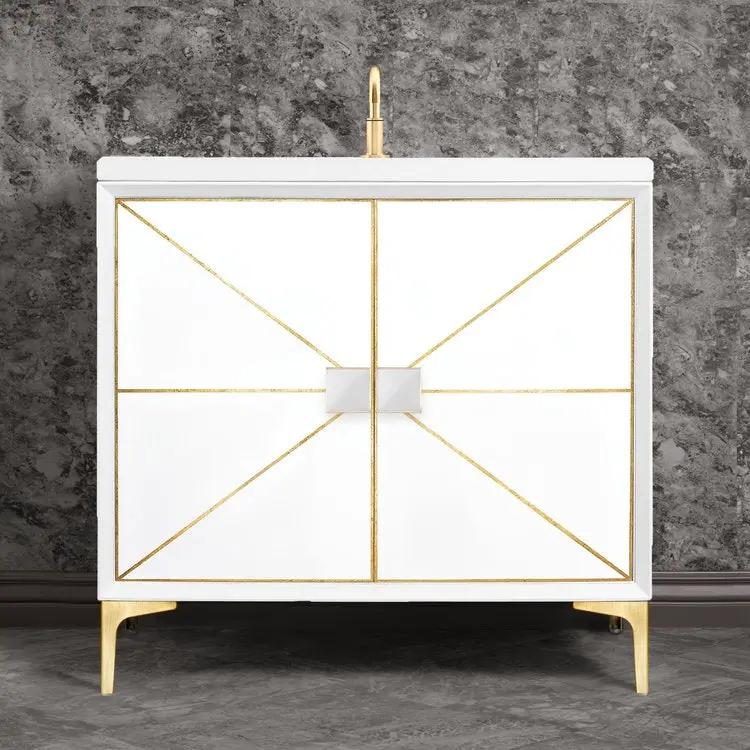 satin brass with white glass vanity