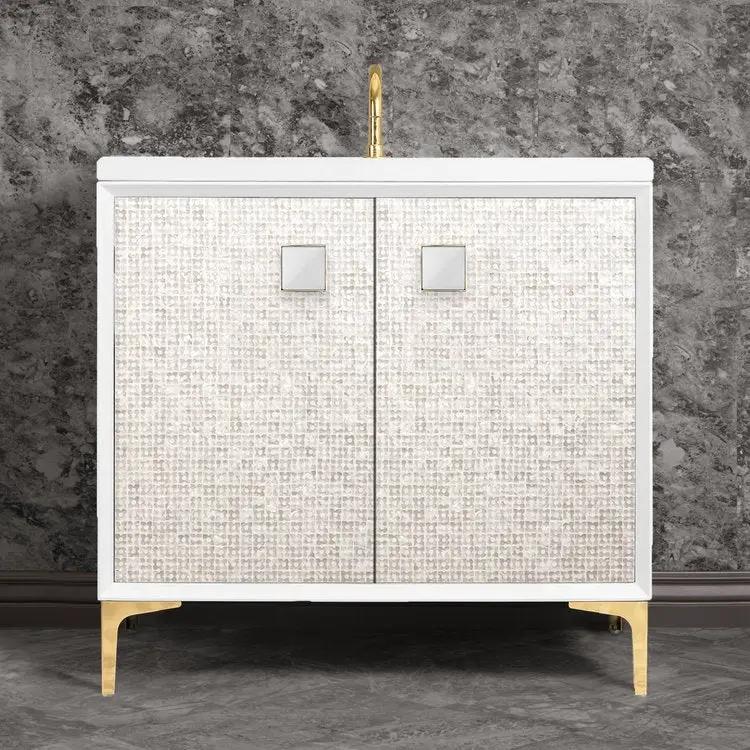 polished brass with white prism glass vanity