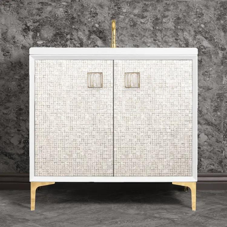 polished brass with white tiger prism glass vanity