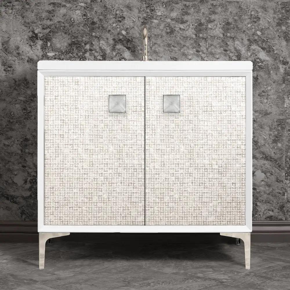 polished nickel with eglomisé prism glass vanity