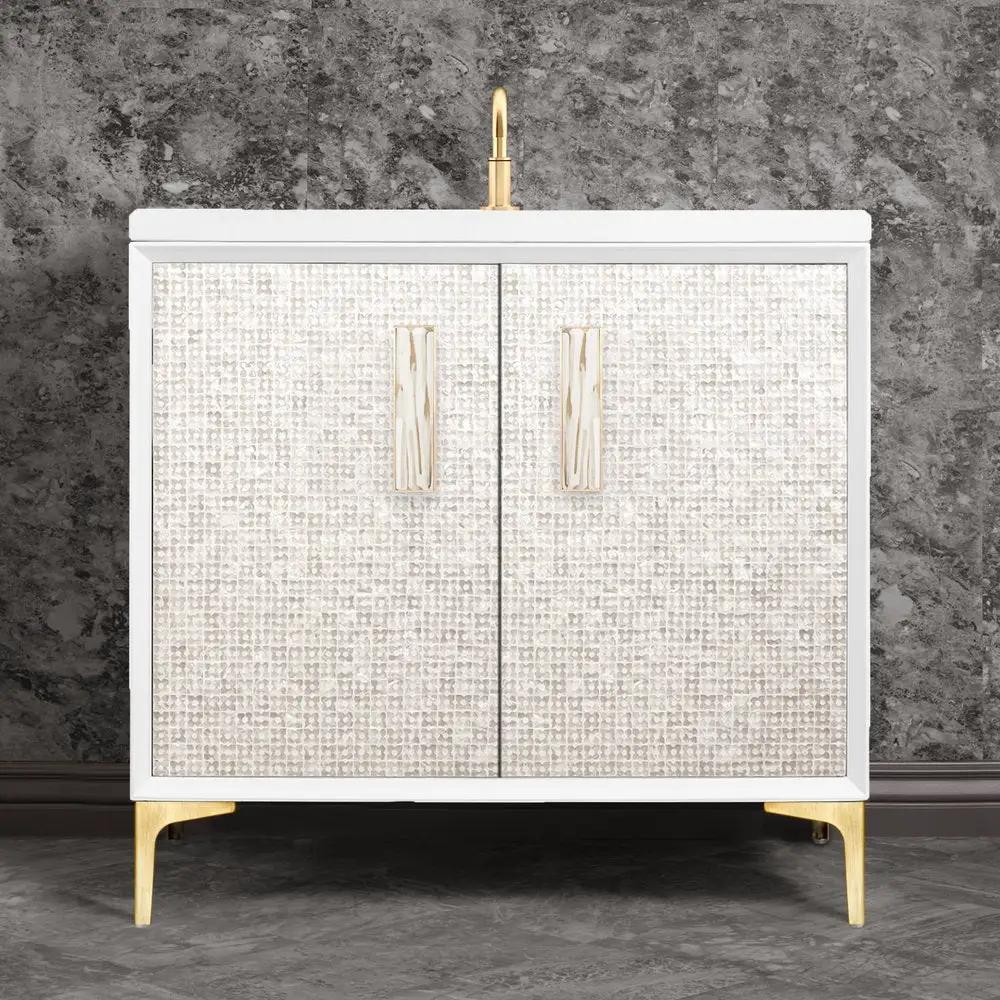 satin brass with white tiger prism glass vanity
