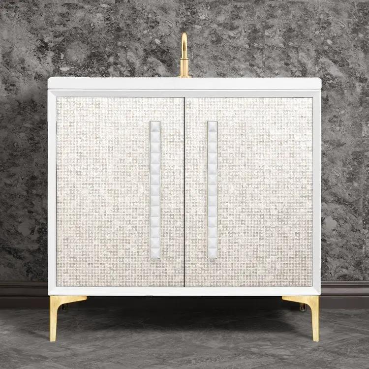 Linkasink Mother of Pearl with 18" White Prism Artisan Glass Pyramid Hardware 36" Vanity by Linkasink