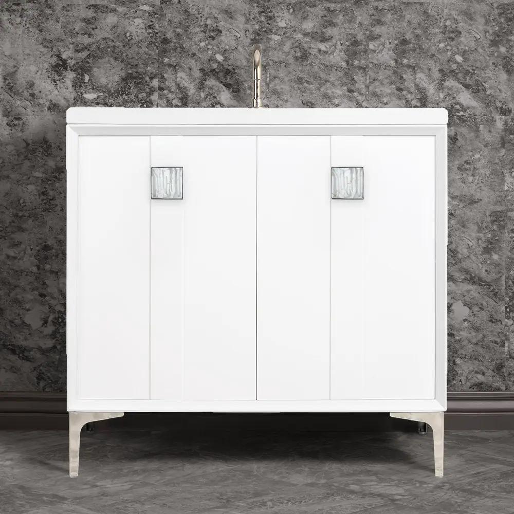 polished nickel with white tiger prism glass vanity