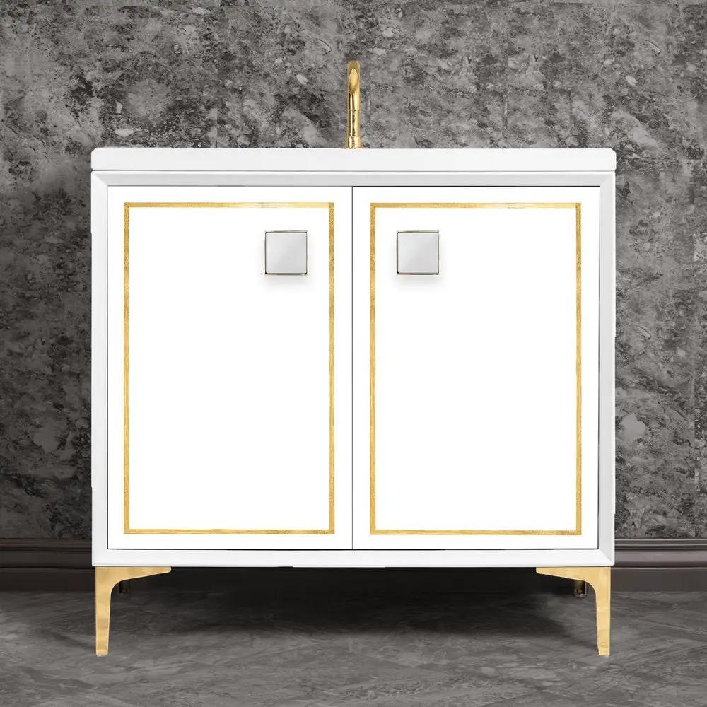 polished brass with white prism glass vanity