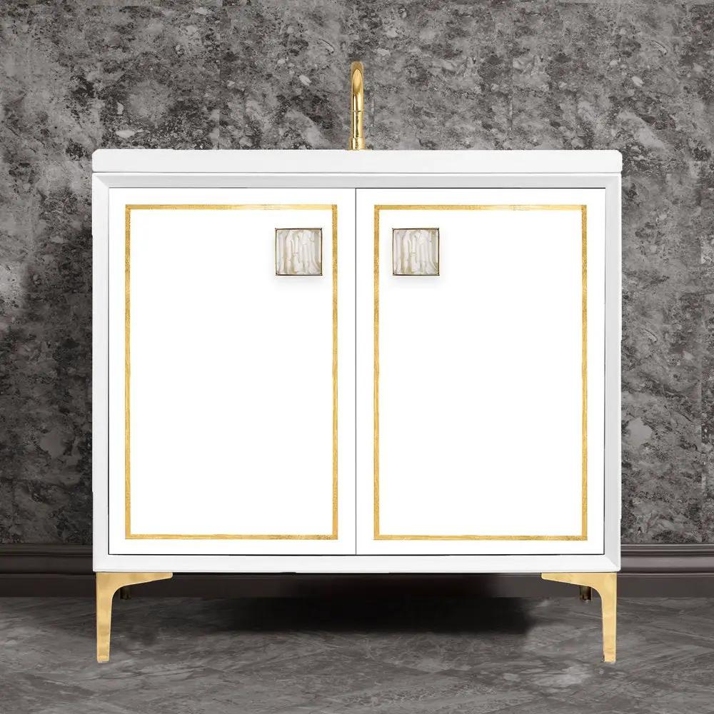 polished brass with white tiger prism glass vanity