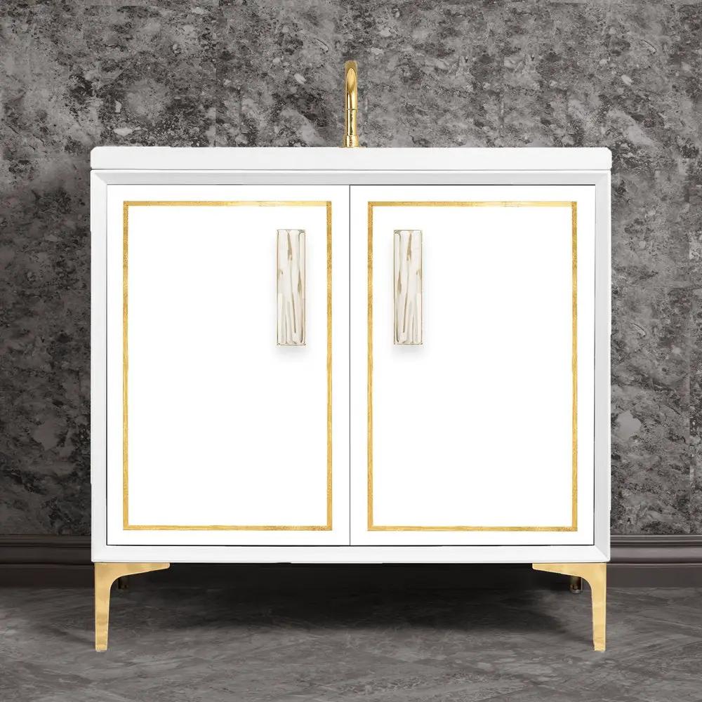 polished brass with white tiger prism glass vanity
