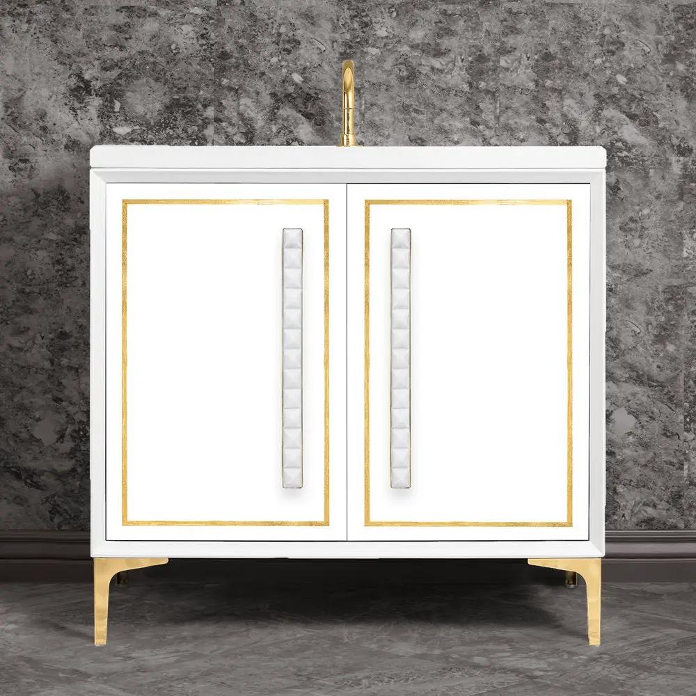 polished brass with white pyramid glass vanity