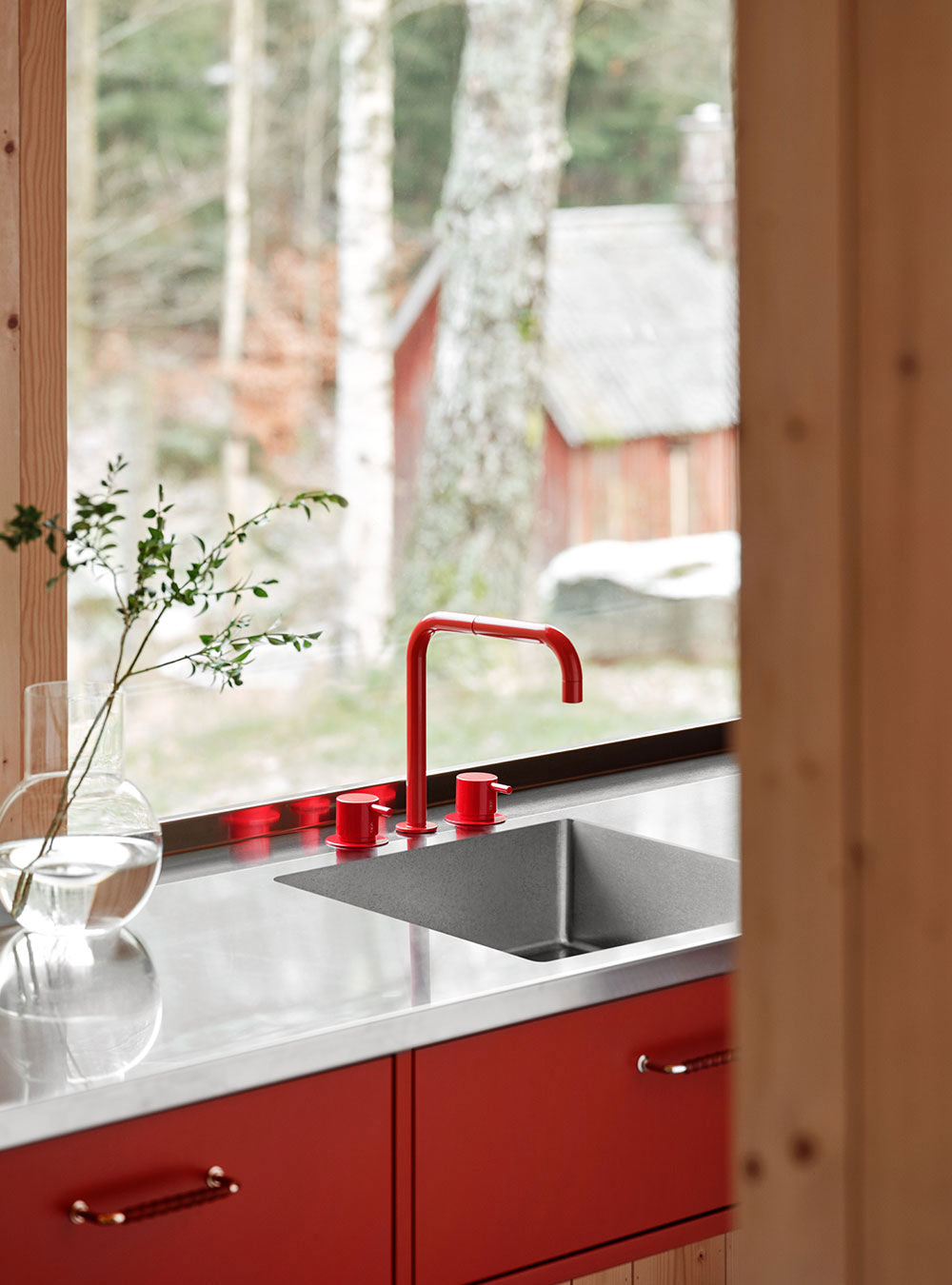 bright red basin faucet