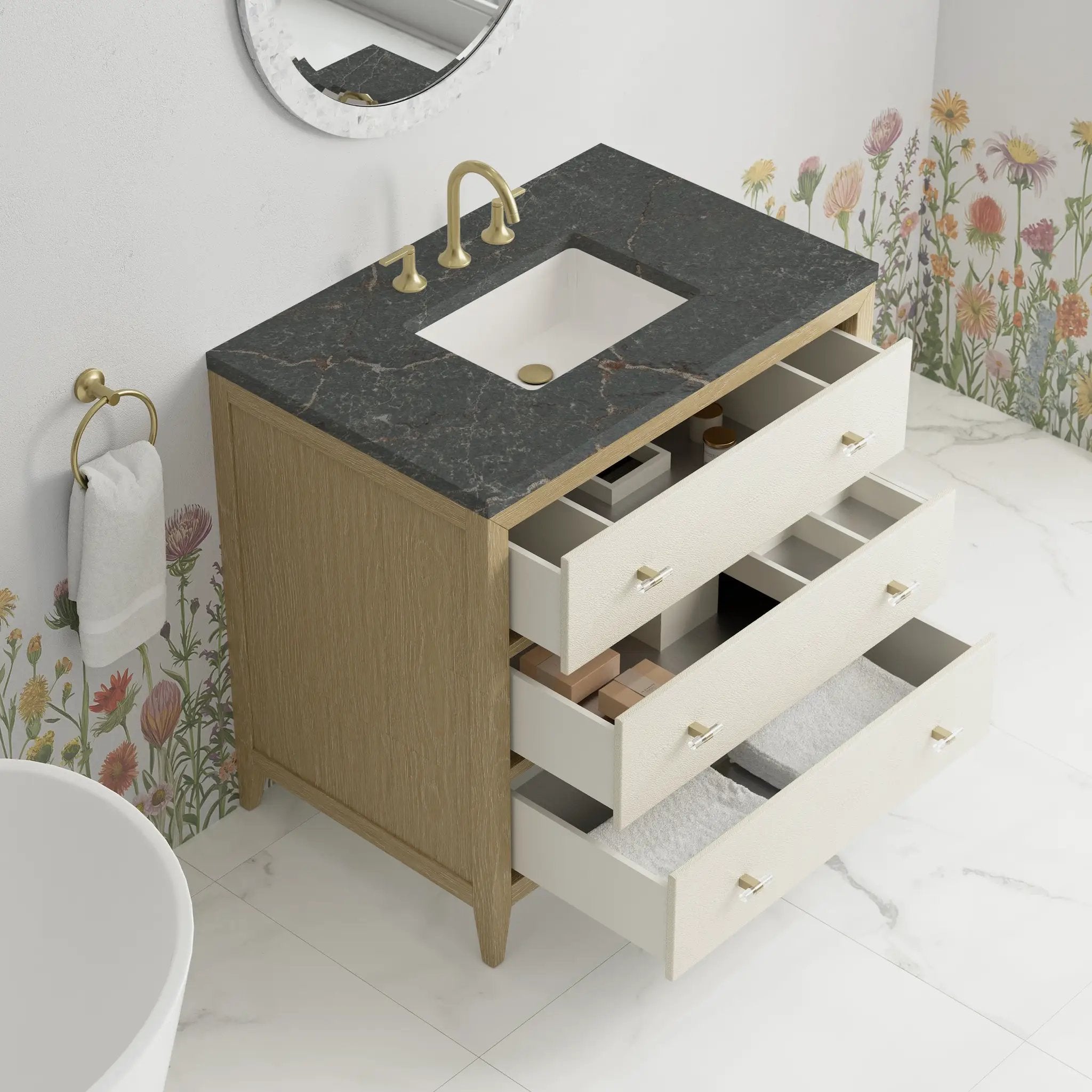 sunwashed oak with embossed shagreen drawer fronts vanity