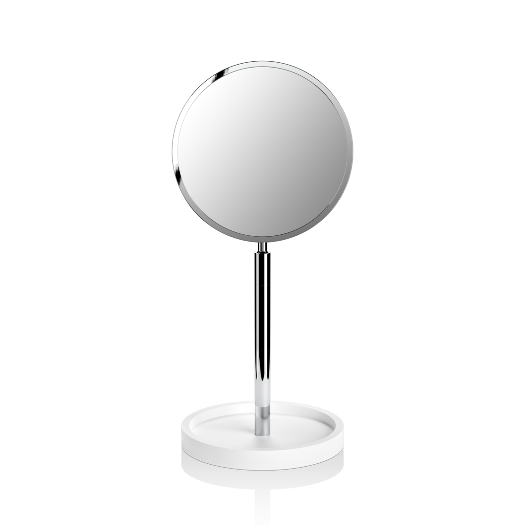 white/chrome cosmetic mirror with shelf