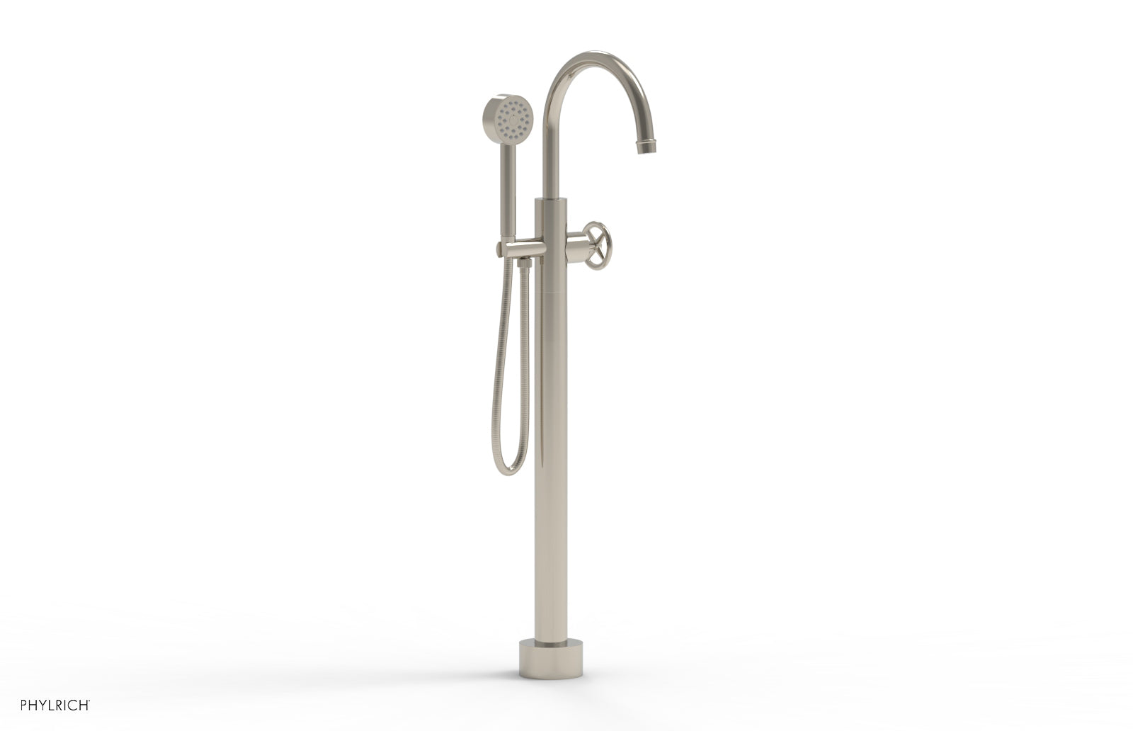 Phylrich WORKS Tall Floor Mount Tub Filler - Cross Handle with Hand Shower