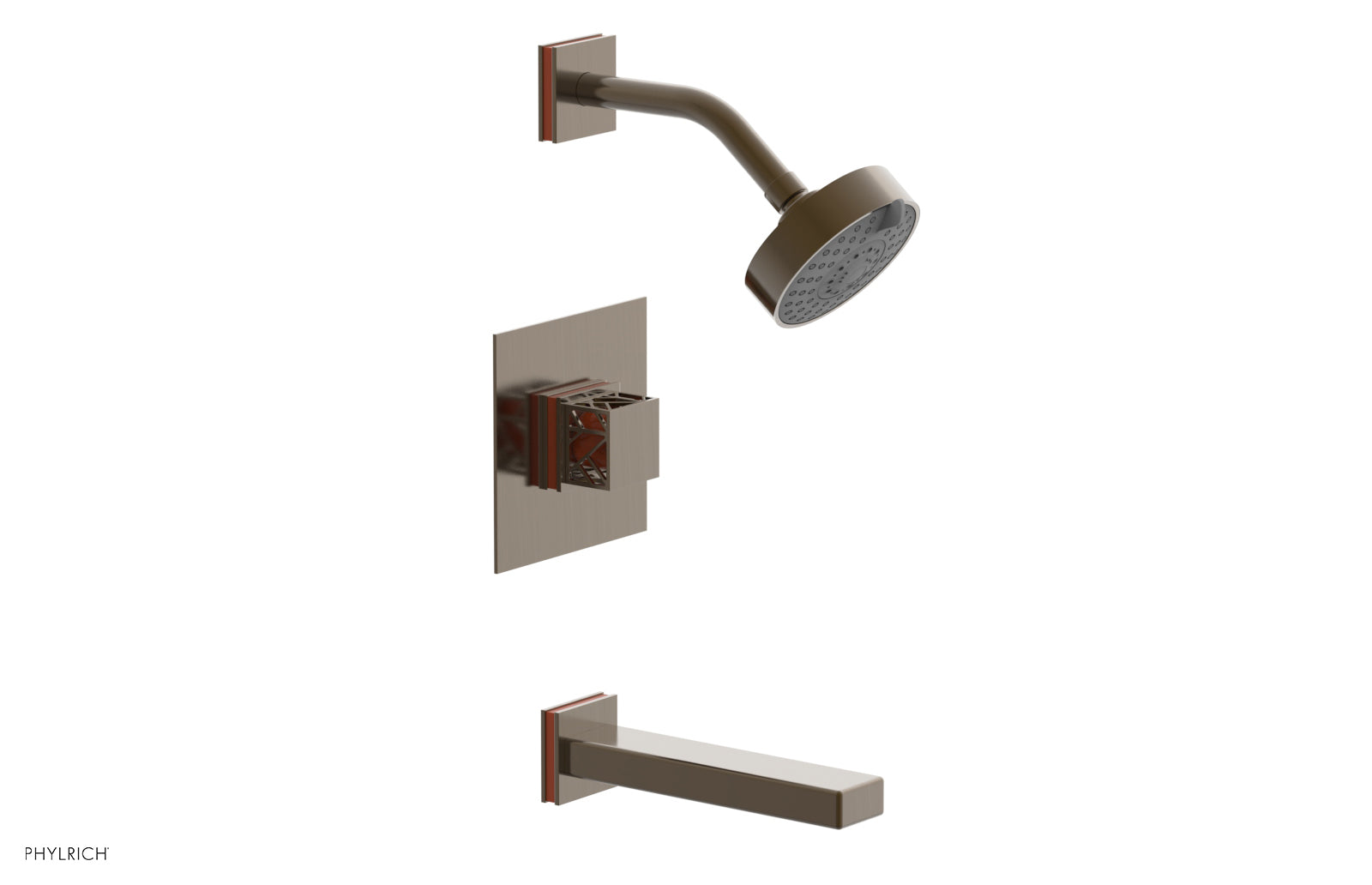 Phylrich JOLIE Pressure Balance Tub and Shower Set - Square Handle wth "Orange" Accents
