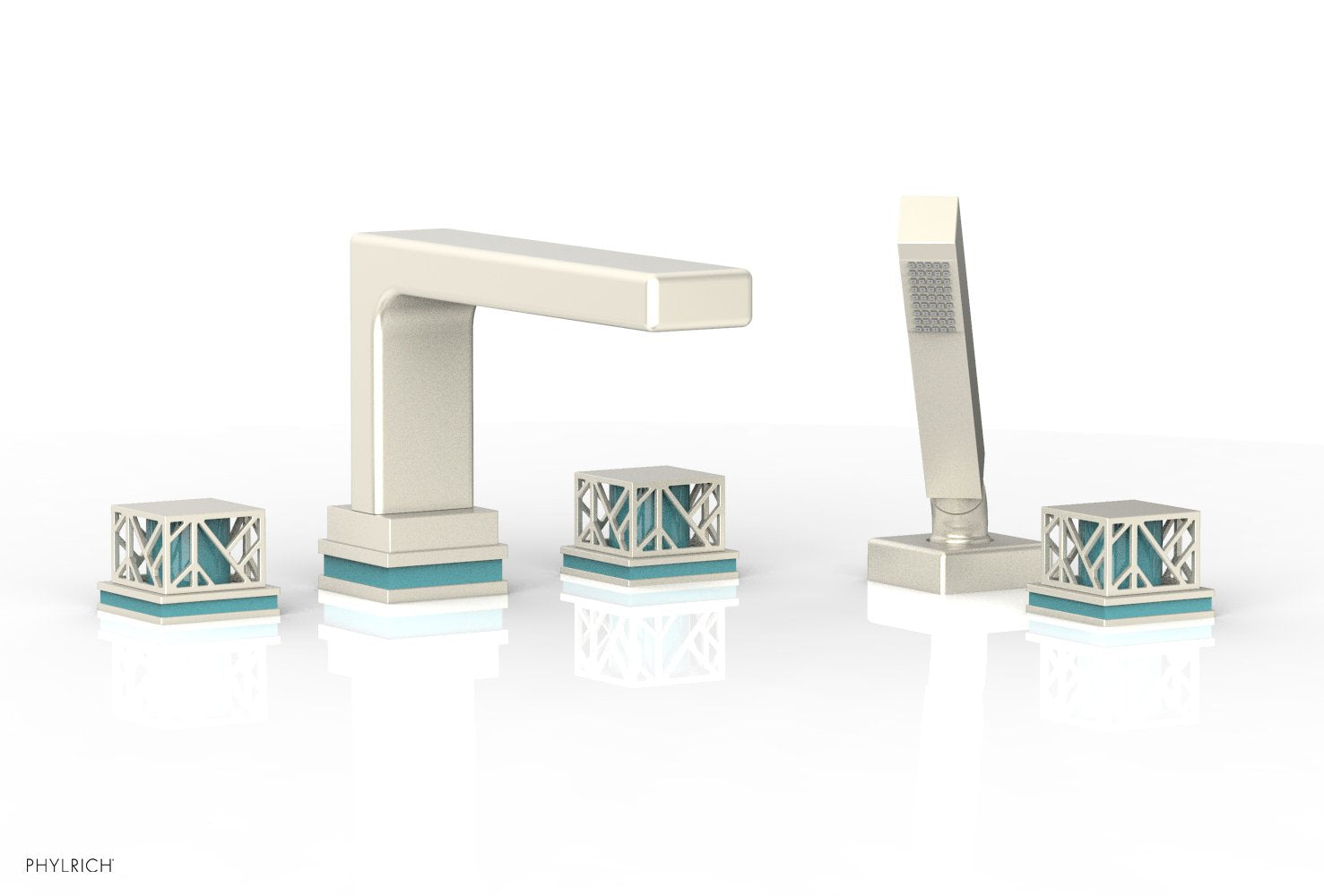 Phylrich JOLIE Deck Tub Set with Hand Shower - Square Handles with "Turquoise" Accents