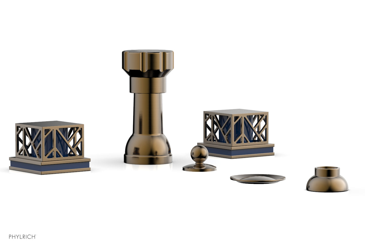 Phylrich JOLIE Four Hole Bidet Set - Square Handles with "Navy Blue Accents"