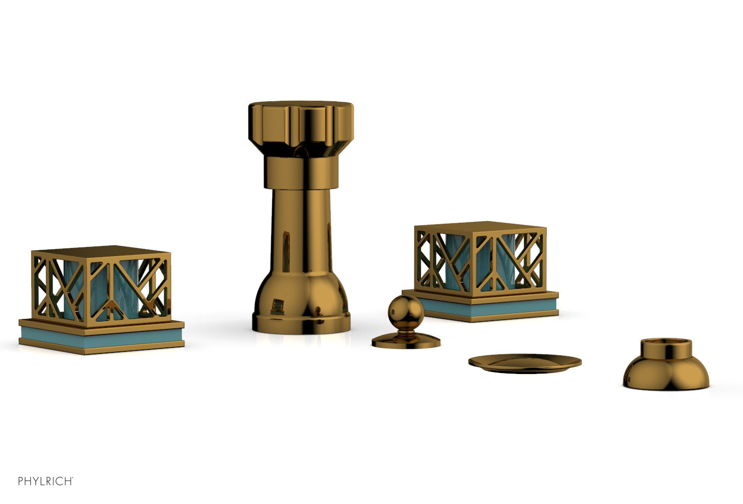 Phylrich JOLIE Four Hole Bidet Set - Square Handles with "Turquoise Accents"