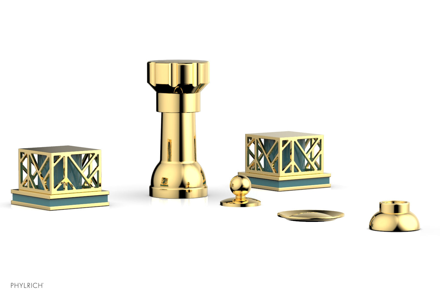 Phylrich JOLIE Four Hole Bidet Set - Square Handles with "Turquoise Accents"