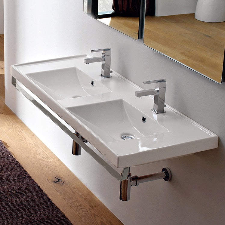 Nameeks Scarabeo 48" Ceramic Double Basin Bathroom Sink for Wall Mounted or Drop In Installation - Includes Overflow