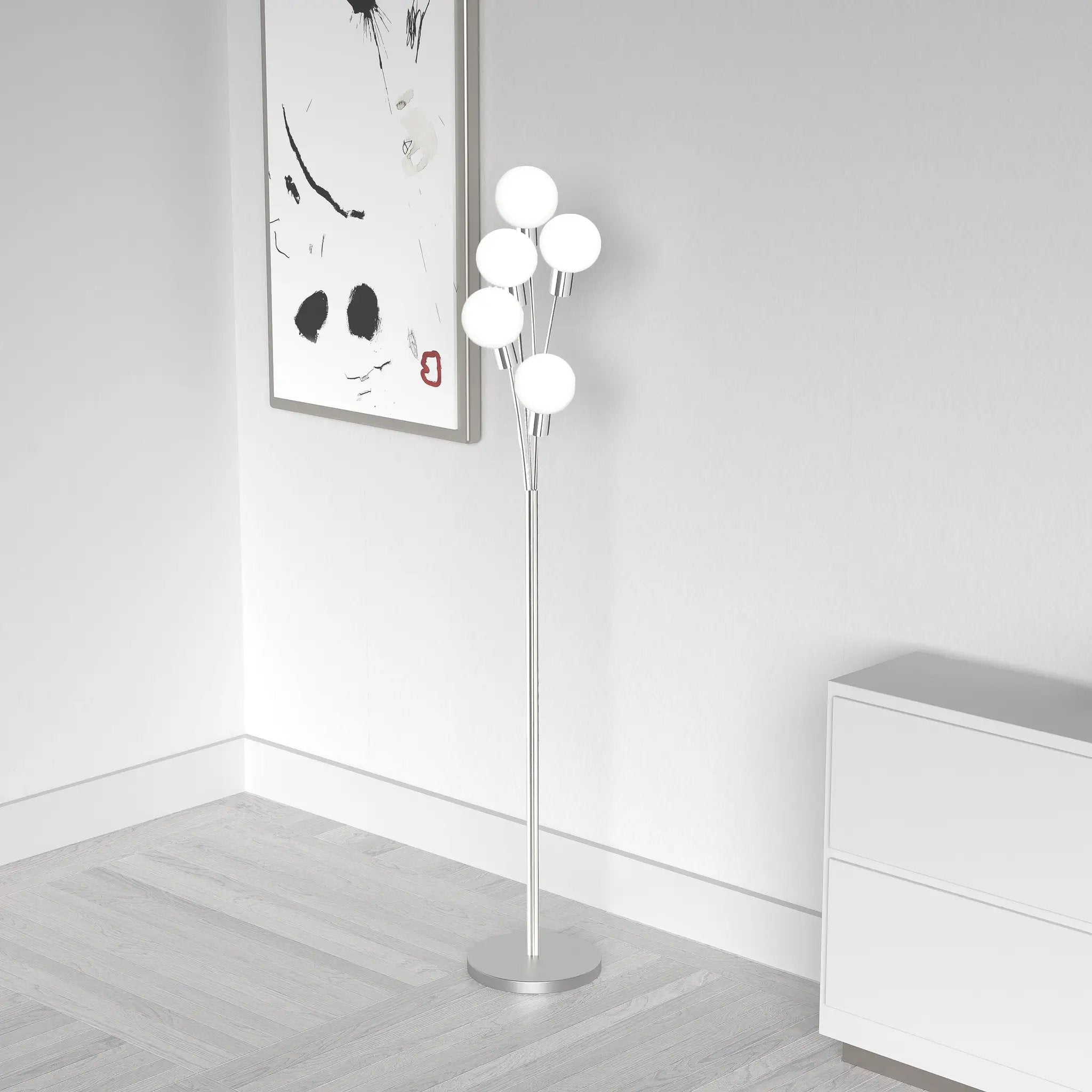satin chrome with white glass floor lamp
