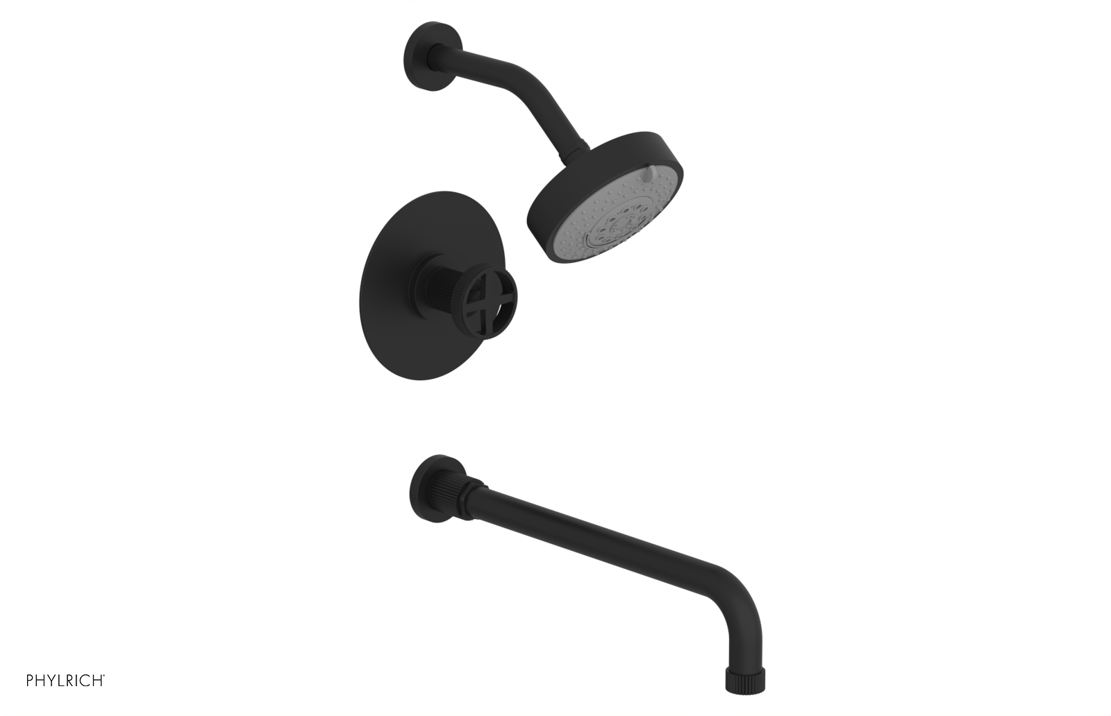 Phylrich Dustrie Grooved 14" Spout Pressure Balance Tub and Shower Set with Cross Handle