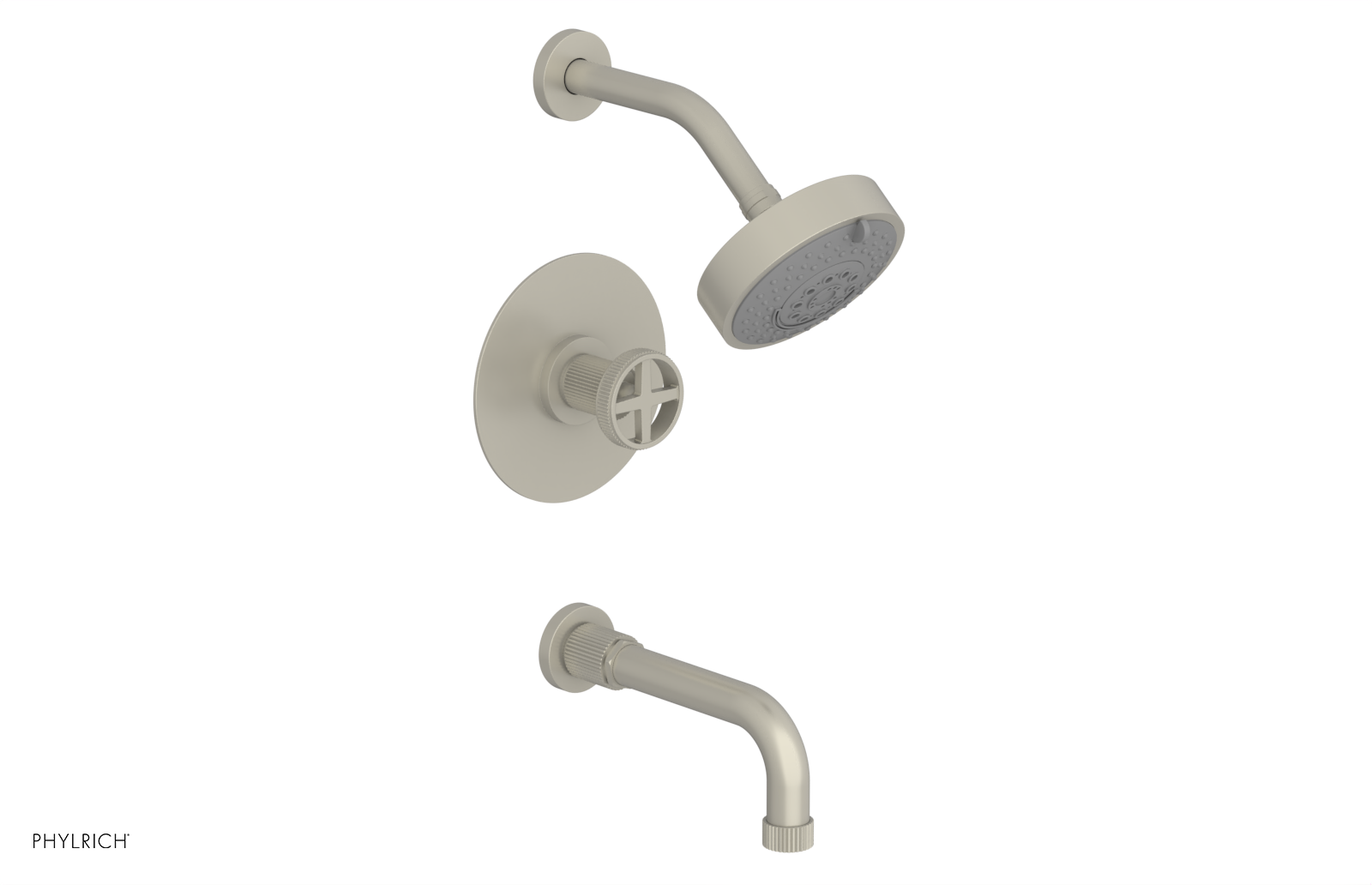 Phylrich Dustrie Grooved 7 5/8" Spout Pressure Balance Tub and Shower Set with Cross Handle
