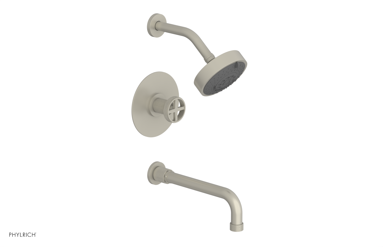 Phylrich Dustrie Knurled Pressure Balance Tub and Shower Set with 10" Spout and Cross Handle