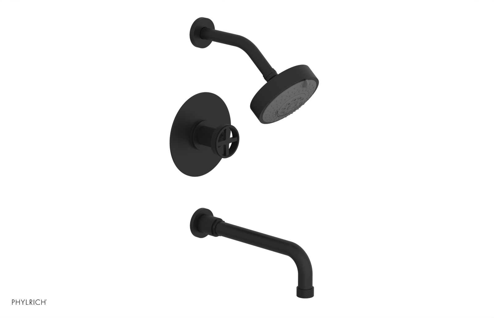 Phylrich Dustrie Knurled Pressure Balance Tub and Shower Set with 10" Spout and Cross Handle