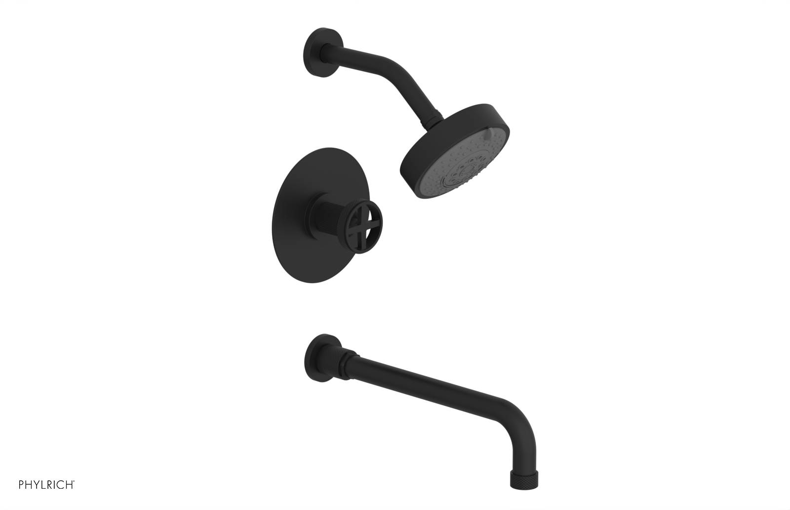 Phylrich Dustrie Knurled Pressure Balance Tub and Shower Set with 12" Spout and Cross Handle