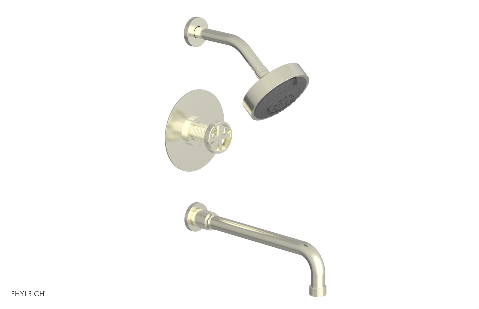 Phylrich Dustrie Knurled Pressure Balance Tub and Shower Set with 12" Spout and Cross Handle