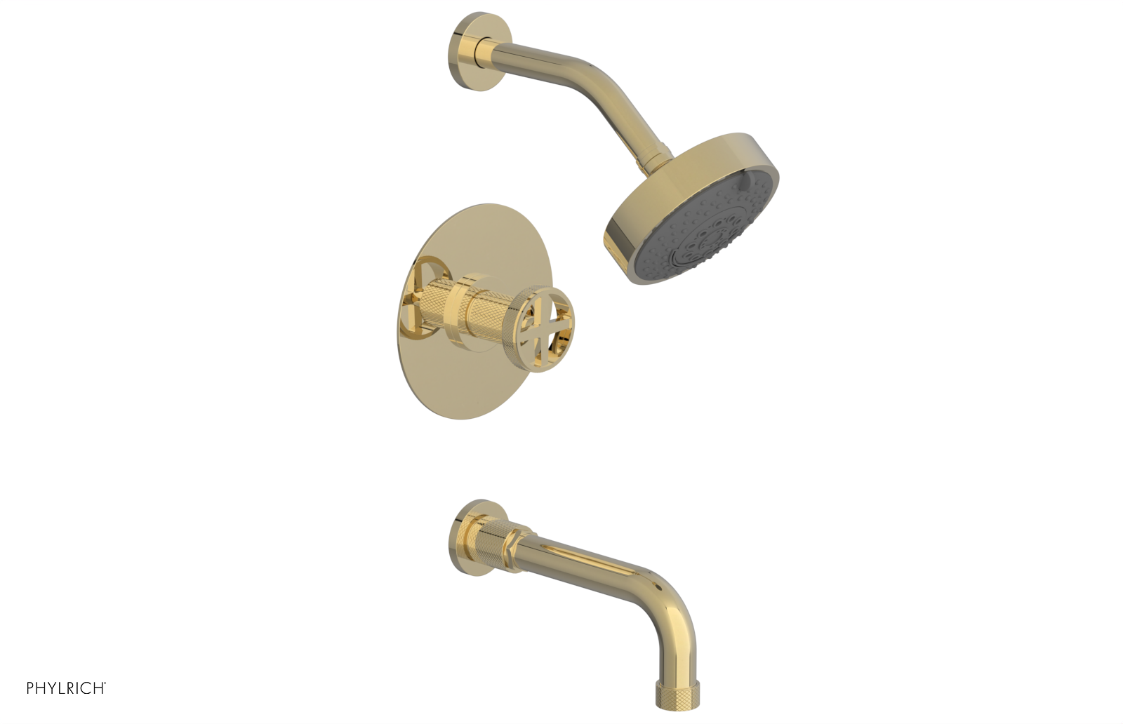 Phylrich Dustrie Knurled Pressure Balance Tub and Shower Set with 7 5/8" Spout and Cross Handle