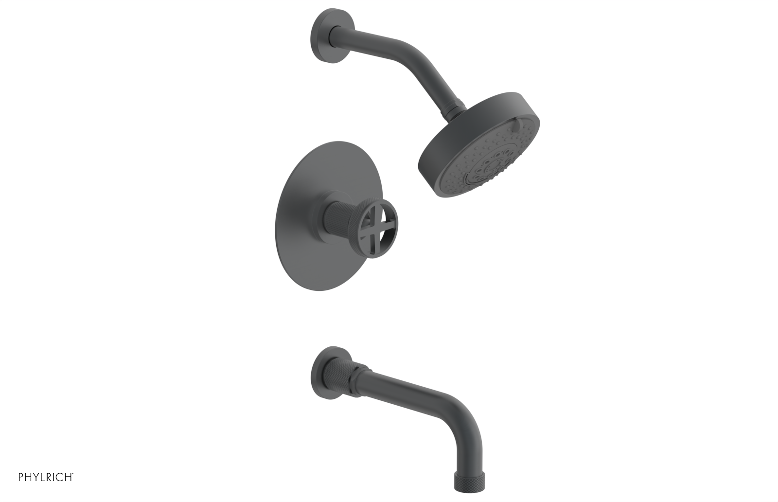 Phylrich Dustrie Knurled Pressure Balance Tub and Shower Set with 7 5/8" Spout and Cross Handle