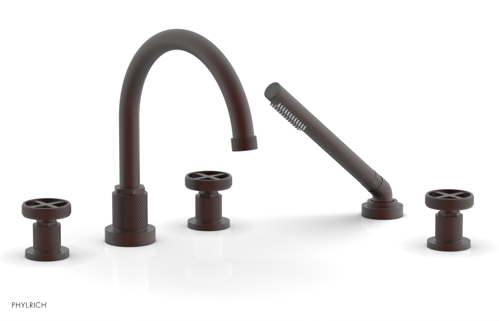 Phylrich Dustrie Knurled Deck Tub Set with Hand Shower with Cross Handles