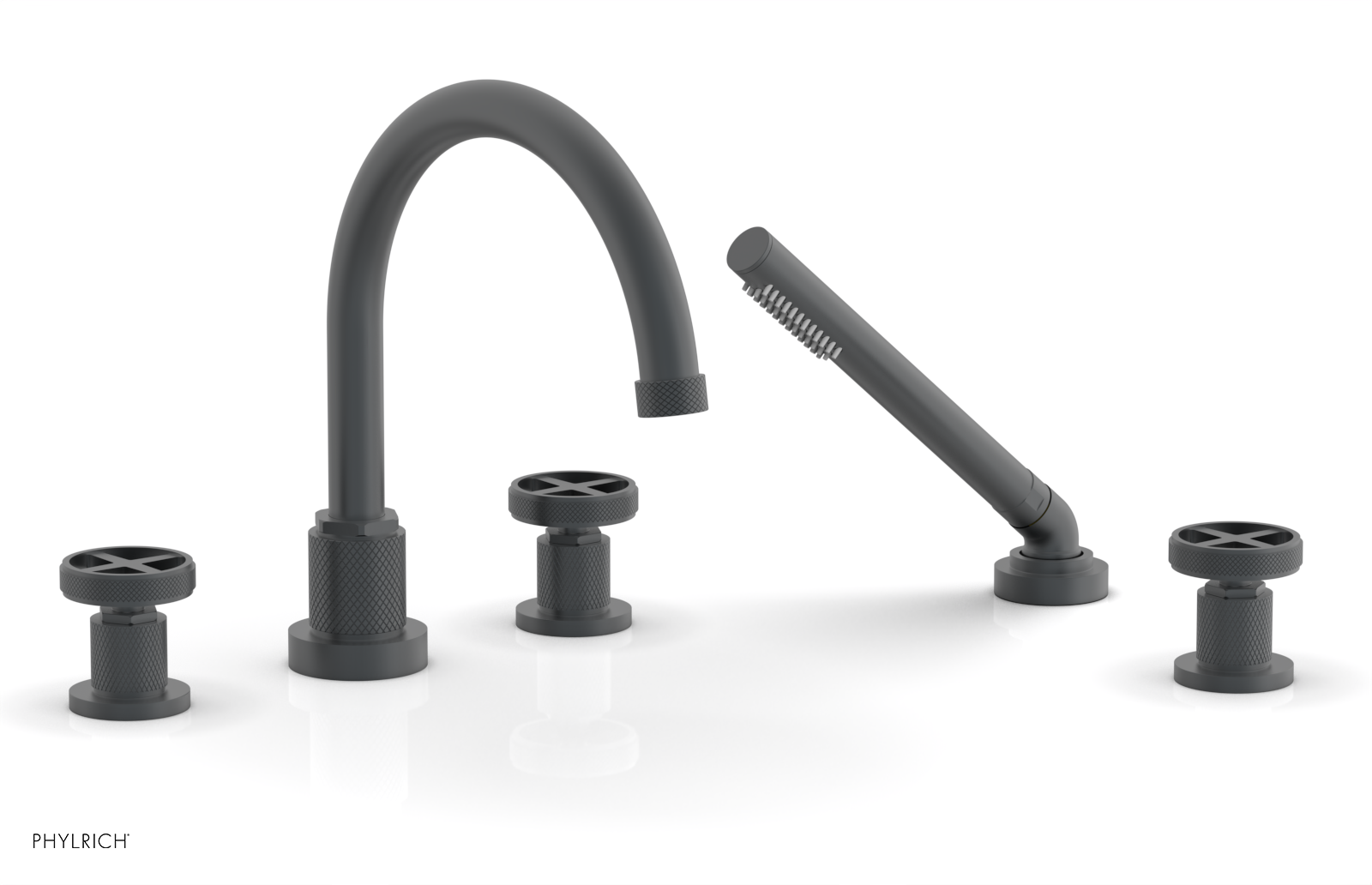 Phylrich Dustrie Knurled Deck Tub Set with Hand Shower with Cross Handles