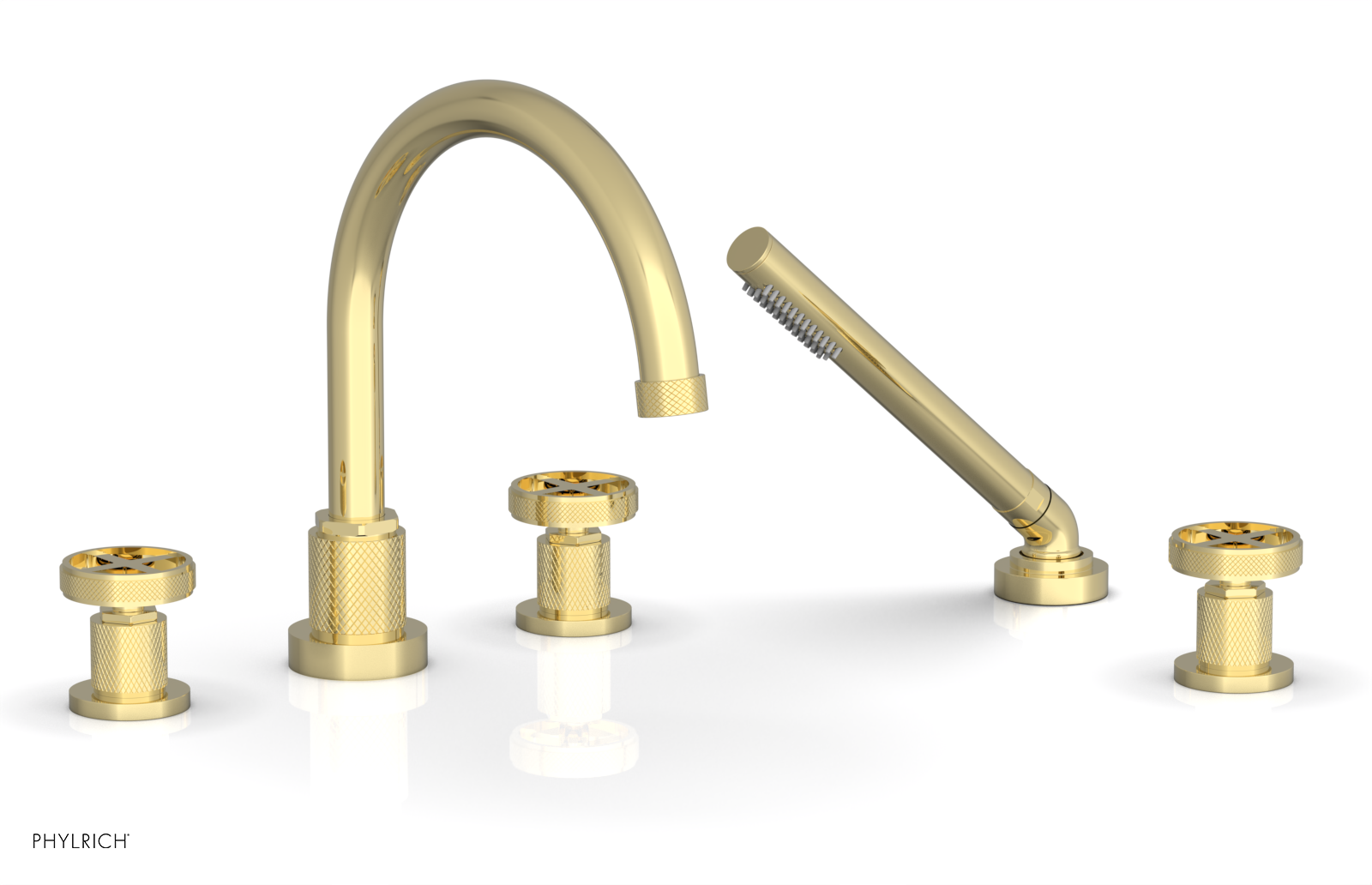 Phylrich Dustrie Knurled Deck Tub Set with Hand Shower with Cross Handles