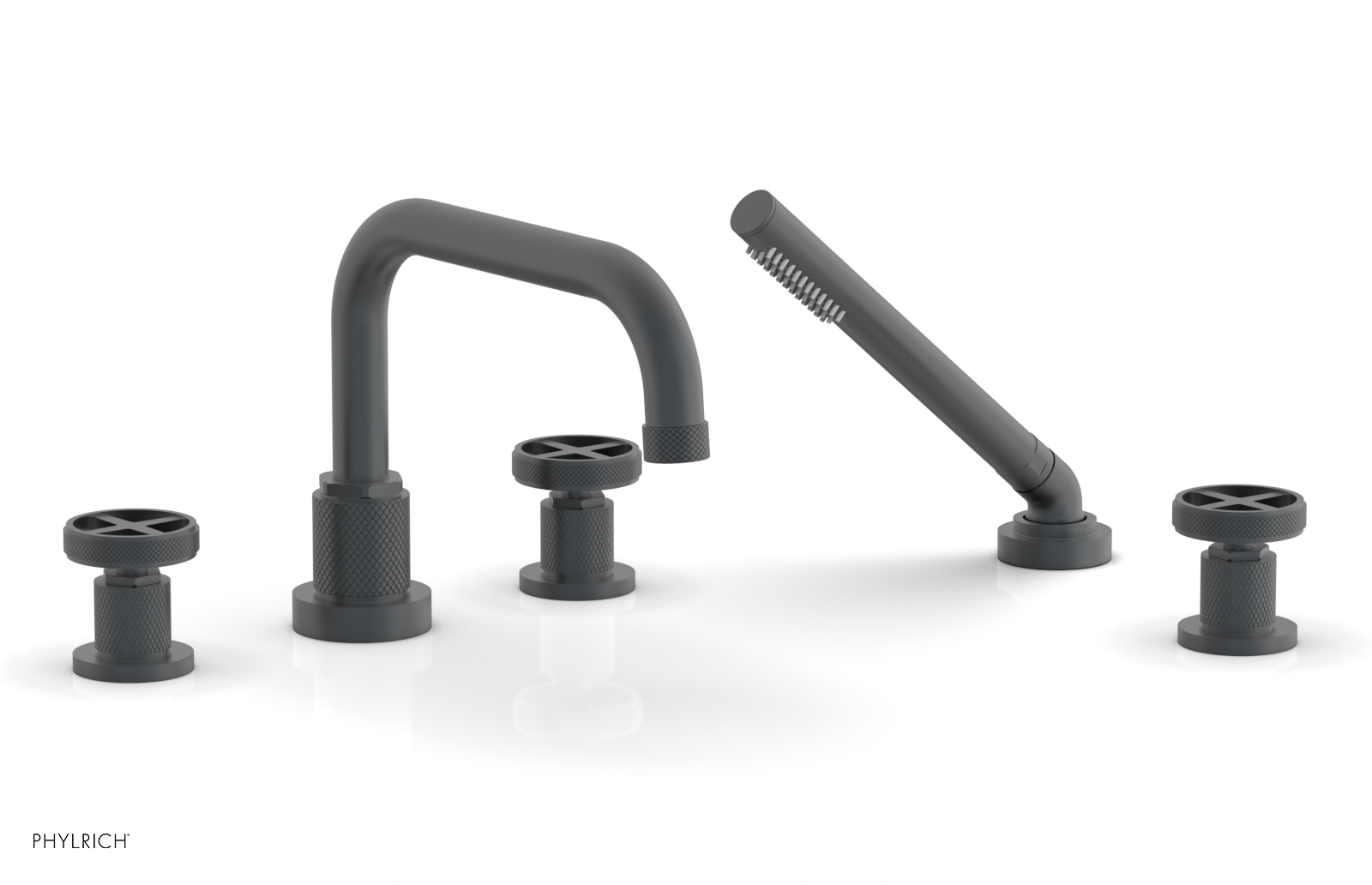 Phylrich Dustrie Knurled Deck Tub Set with Hand Shower with Cross Handles