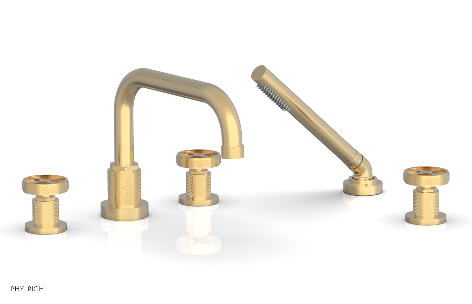 Phylrich Dustrie Knurled Deck Tub Set with Hand Shower with Cross Handles