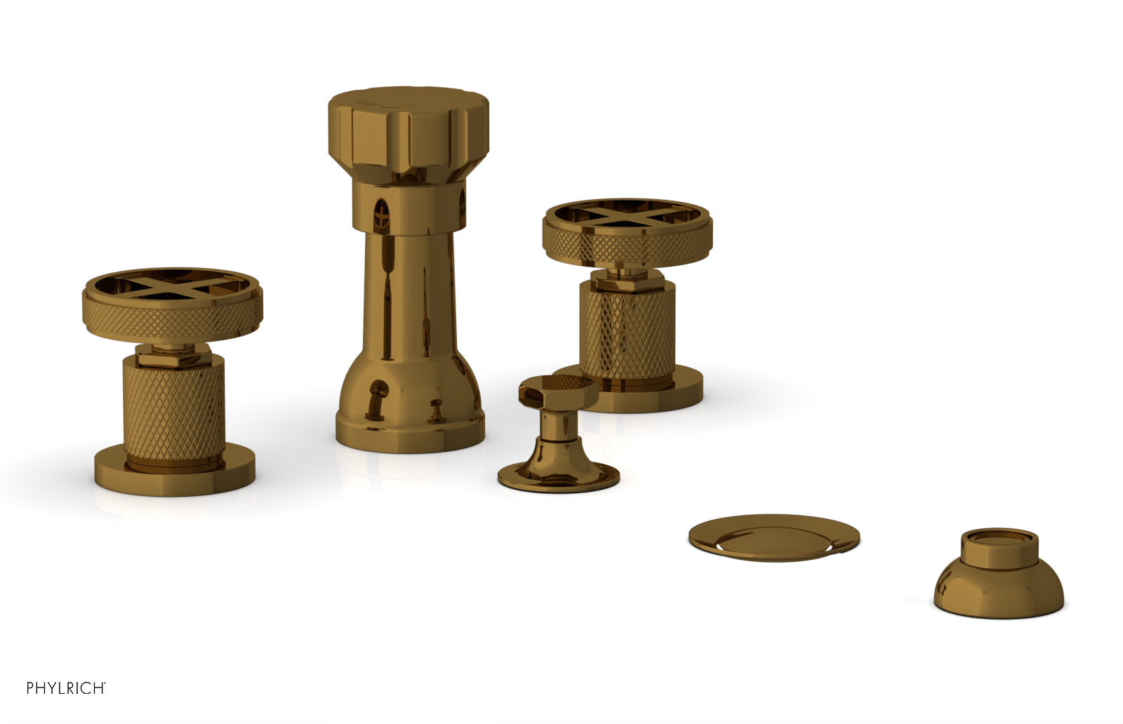 Phylrich Dustrie Knurled Four Hole Bidet Set with Cross Handles