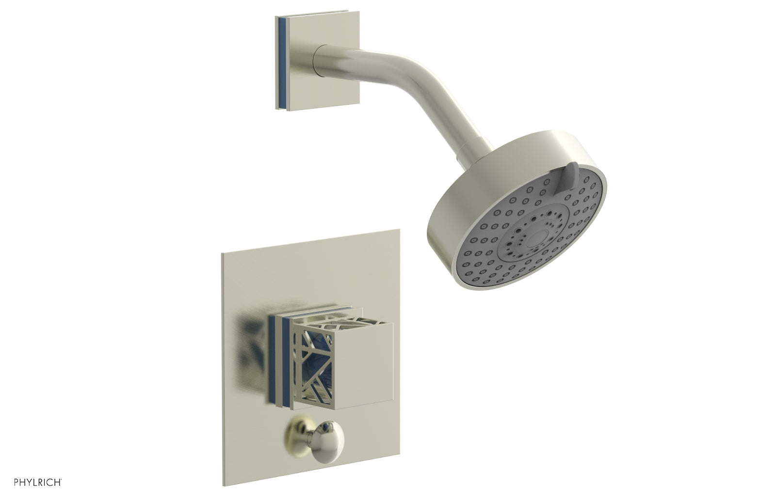 Phylrich JOLIE Pressure Balance Shower and Diverter Set (Less Spout), Square Handle with "Light Blue" Accents