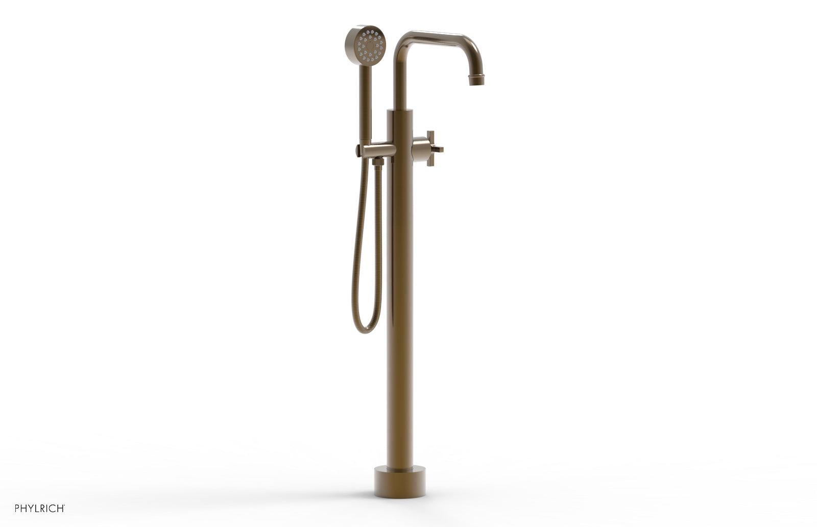 Phylrich HEX MODERN Tall Floor Mount Tub Filler - Cross Handle with Hand Shower