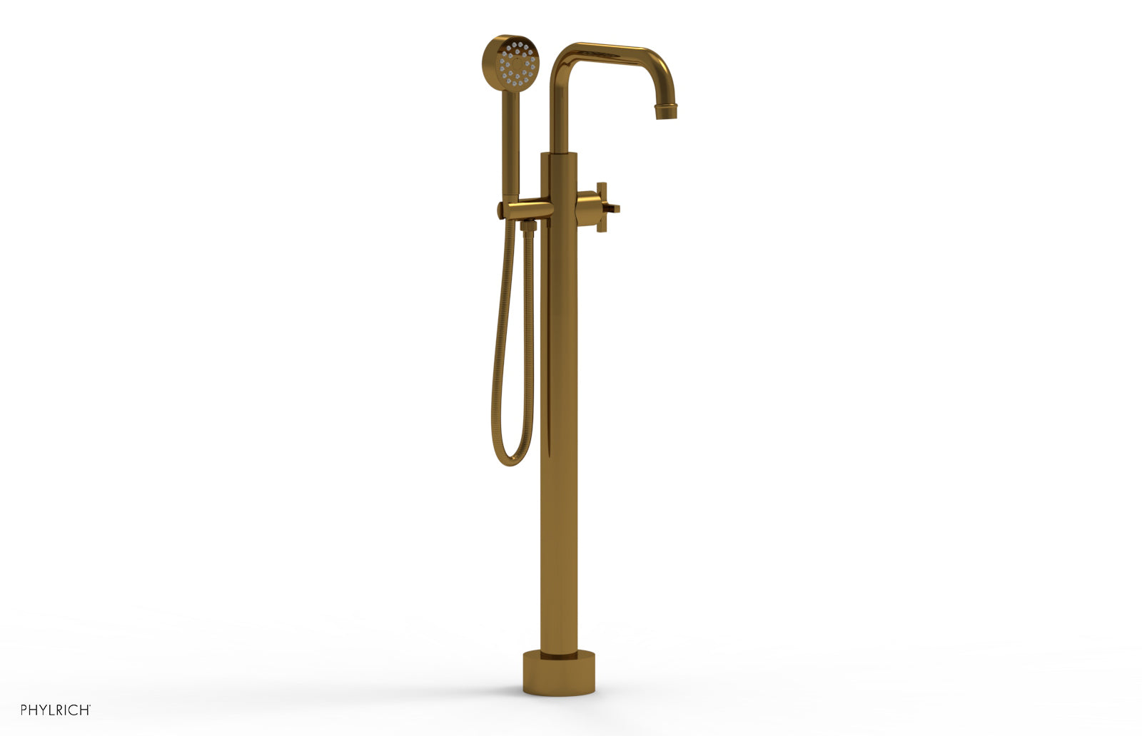 Phylrich HEX MODERN Tall Floor Mount Tub Filler - Cross Handle with Hand Shower