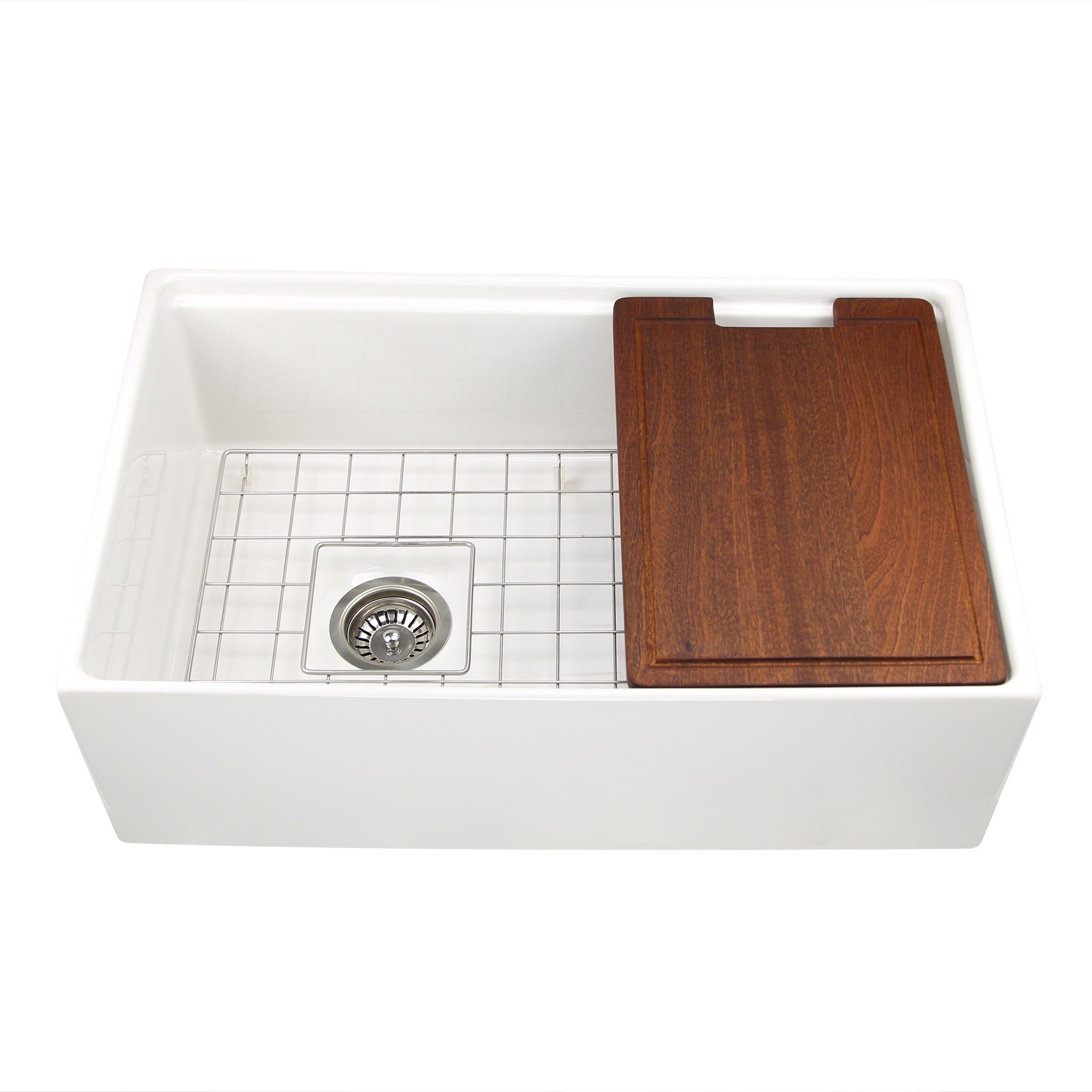 Nantucket Sinks 30 Inch Reversible Workstation Farmhouse Fireclay Sink with Offset Drain and Accessories