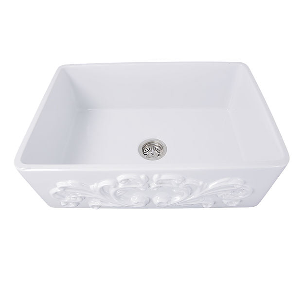 Nantucket Sinks 30-Inch Farmhouse Fireclay Sink with Filigree Apron - White