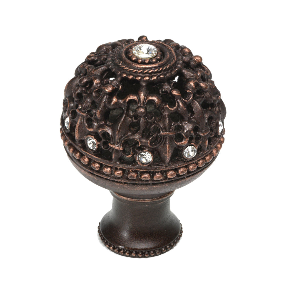 Carpe Diem Versailles Large Round Knob Fleur De Lys Open Basket - Decorated with Swarovski Crystals - Clear Cabochon Stone