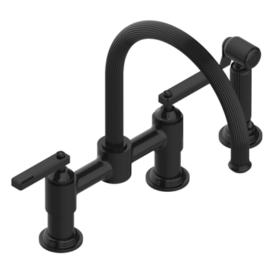 THG Paris Grand Central Black Onyx with Lever Handles Two Hole Bridge Kitchen Faucet with Side Spray