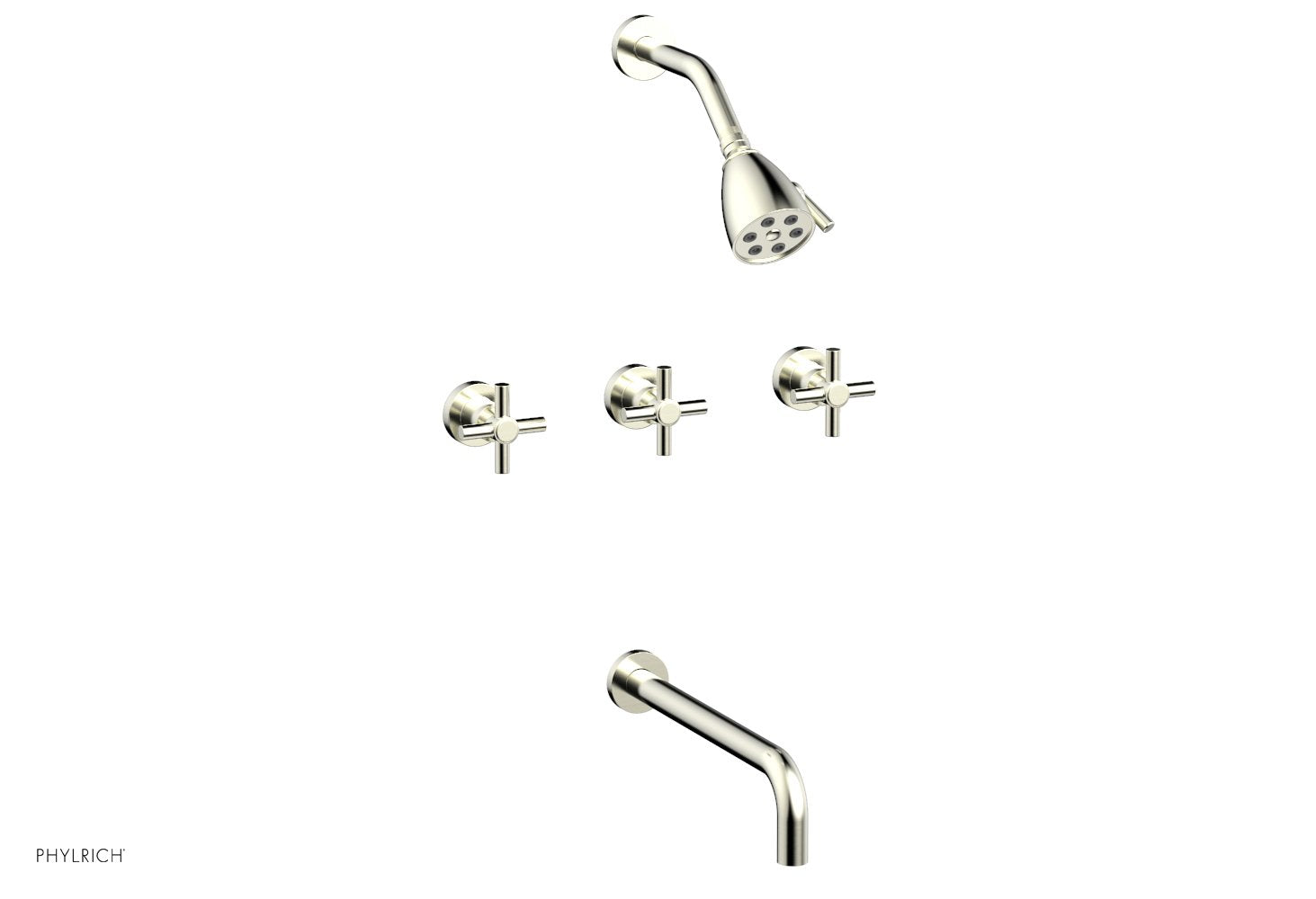 Phylrich BASIC Three Handle Tub and Shower Set 12" Spout - Tubular Cross Handles